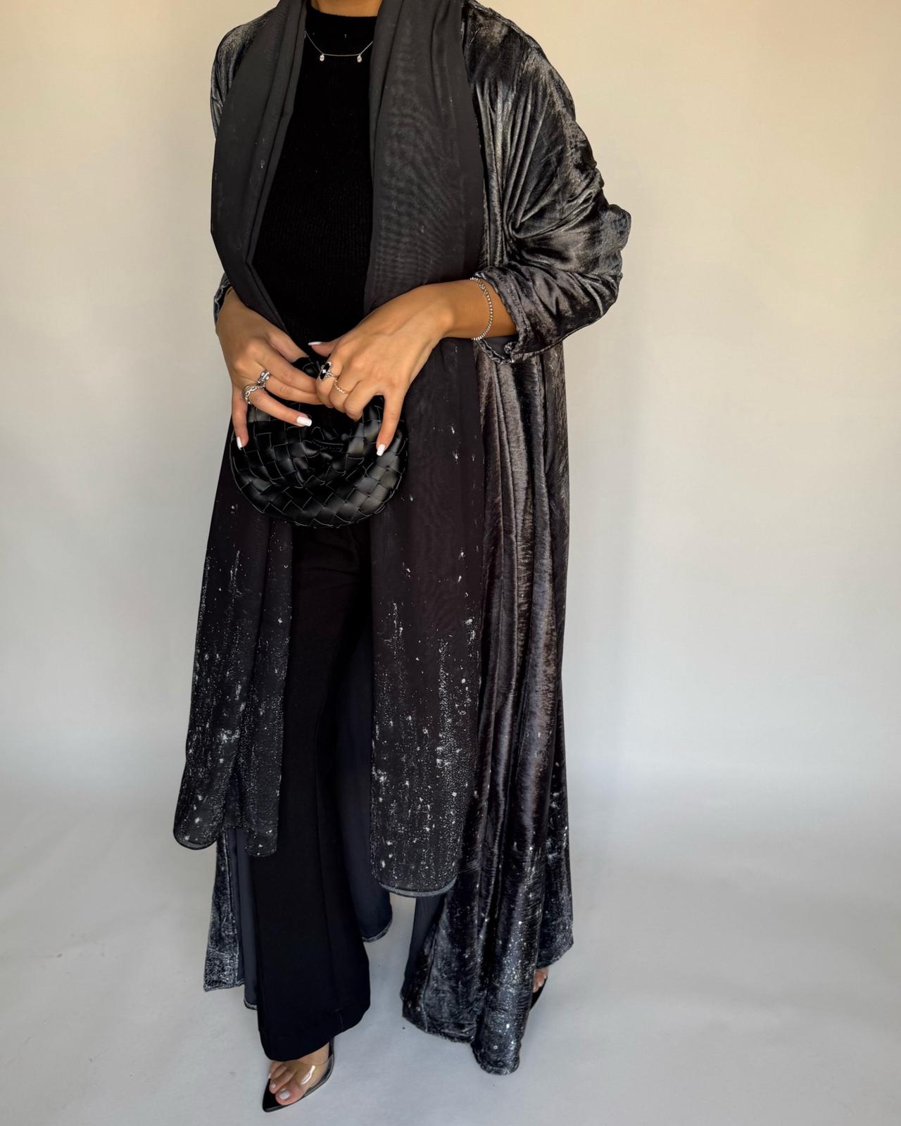A497 - Galaxy Gray to Black Velvet Abaya & Matching Head Scarf