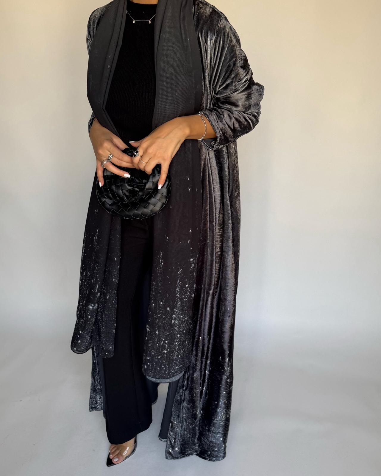 A497 - Galaxy Gray to Black Velvet Abaya & Matching Head Scarf