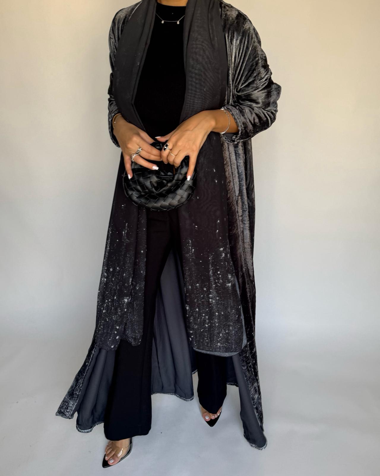 A497 - Galaxy Gray to Black Velvet Abaya & Matching Head Scarf
