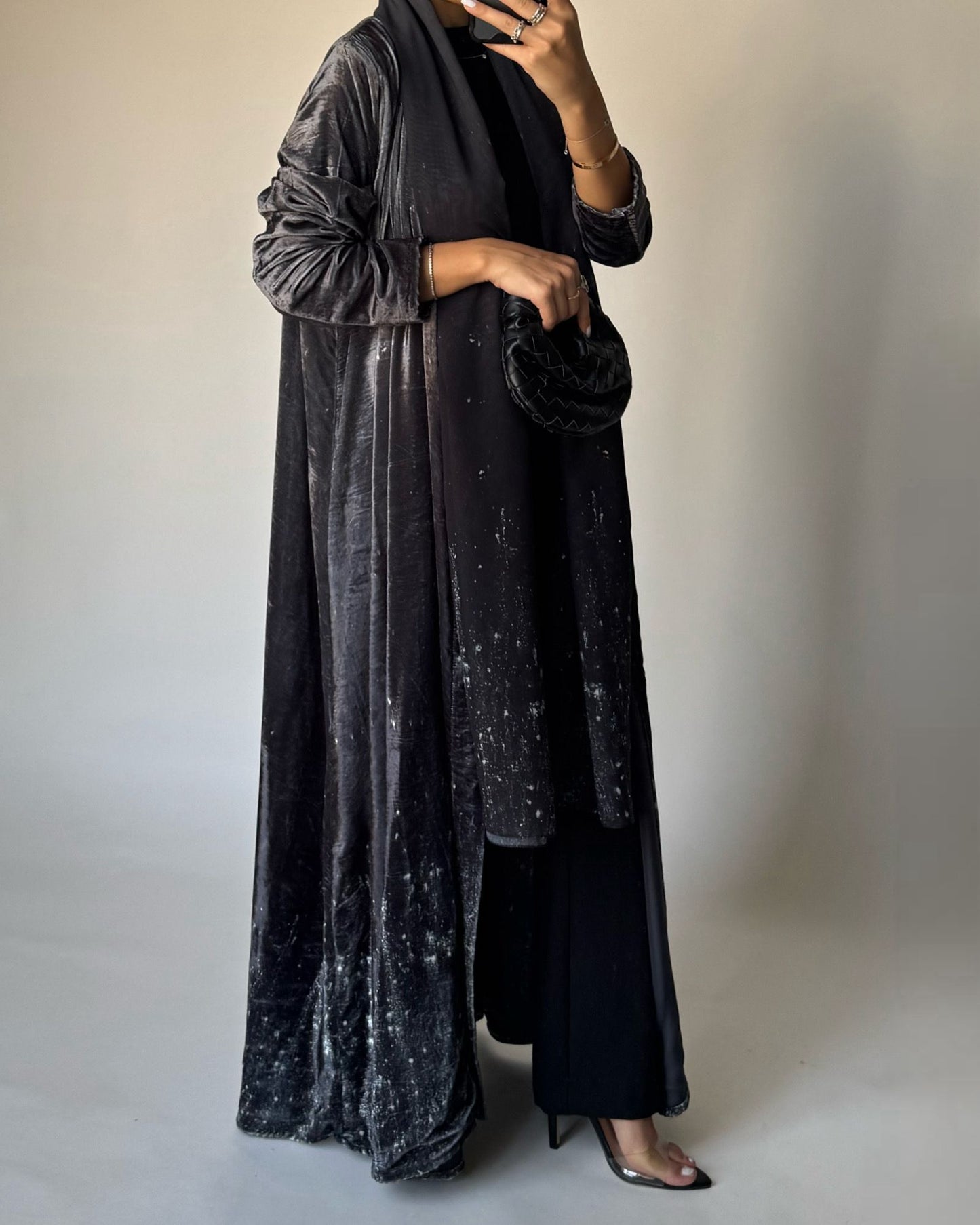 A497 - Galaxy Gray to Black Velvet Abaya & Matching Head Scarf