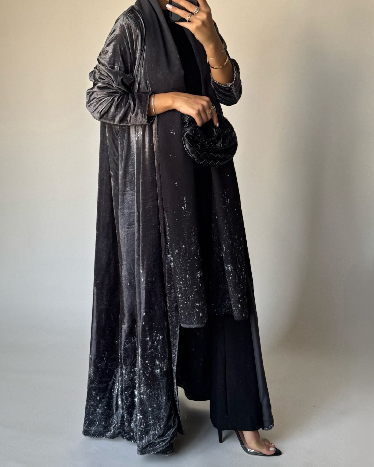A497 - Galaxy Gray to Black Velvet Abaya & Matching Head Scarf