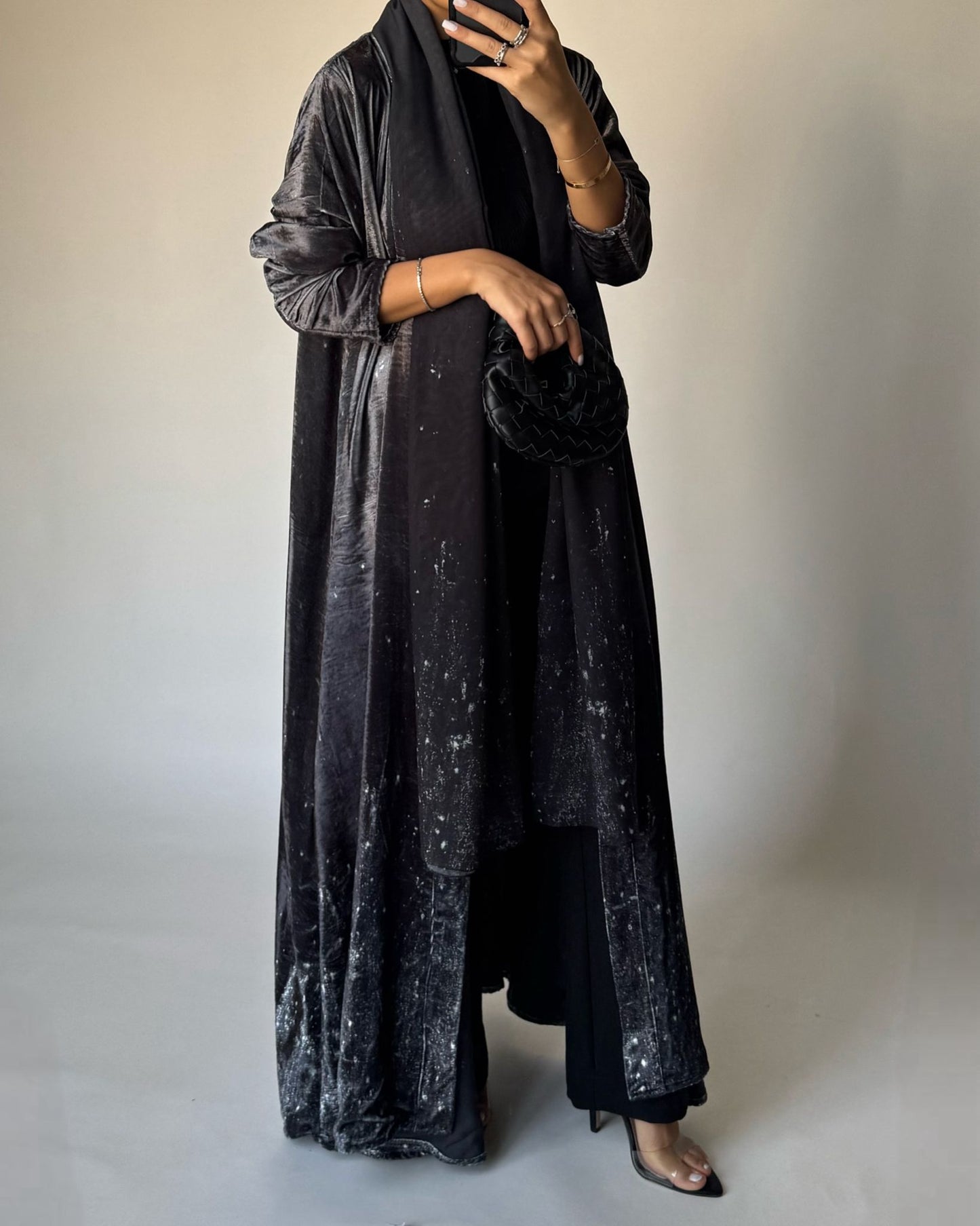 A497 - Galaxy Gray to Black Velvet Abaya & Matching Head Scarf