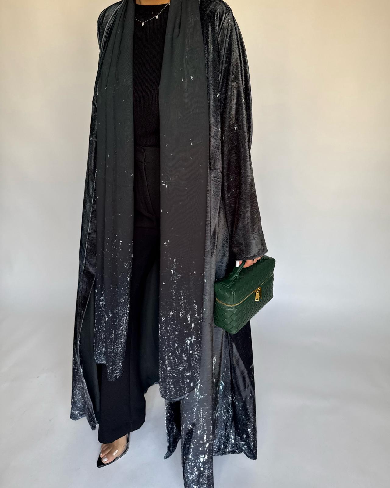 A497 - Galaxy Gray to Black Velvet Abaya & Matching Head Scarf