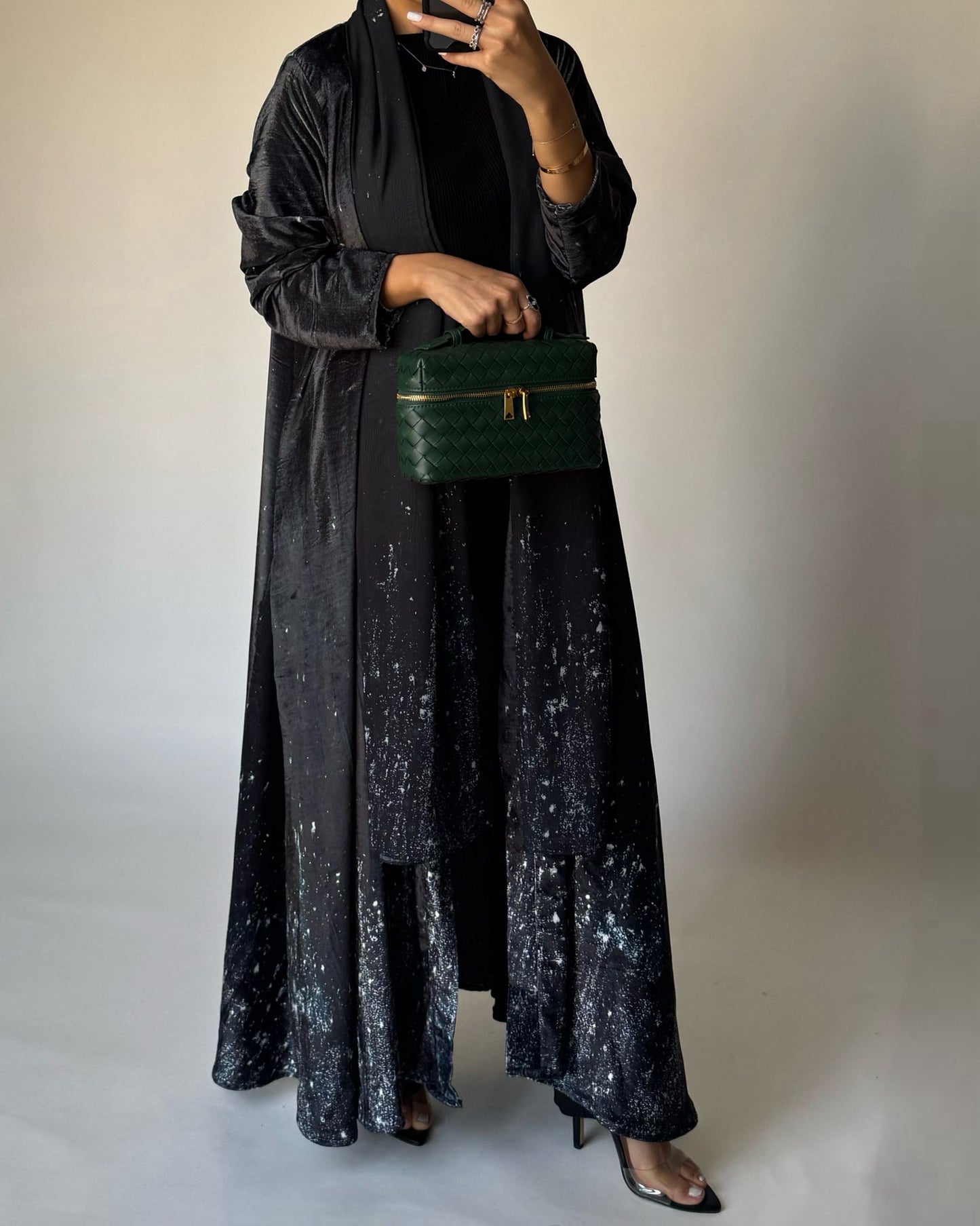 A494 - Galaxy Green to Black Velvet Abaya & Matching Head Scarf