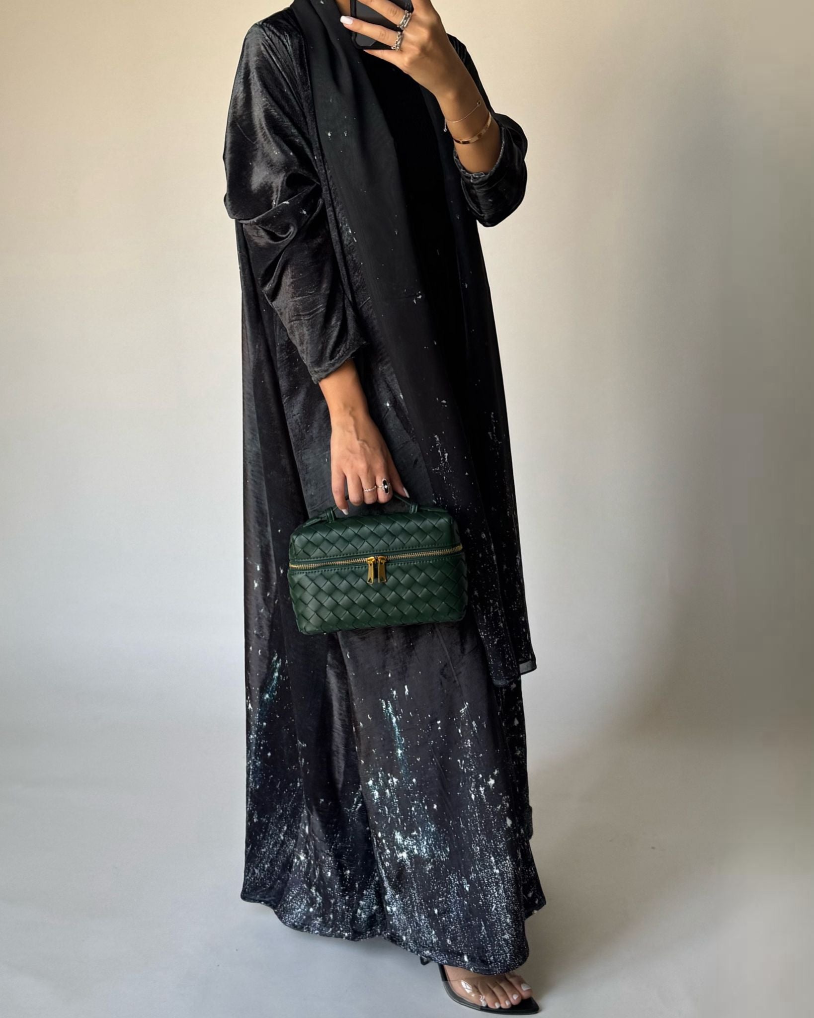 A494 - Galaxy Green to Black Velvet Abaya & Matching Head Scarf