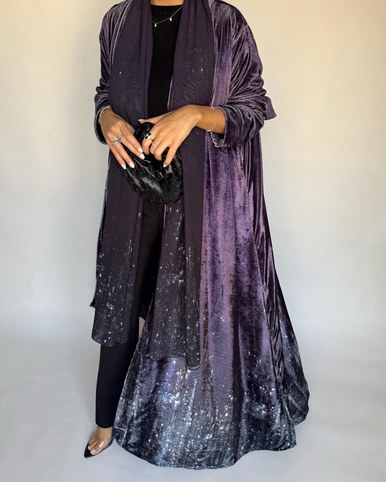A496 - Galaxy Purple to Black Velvet Abaya & Matching Head Scarf