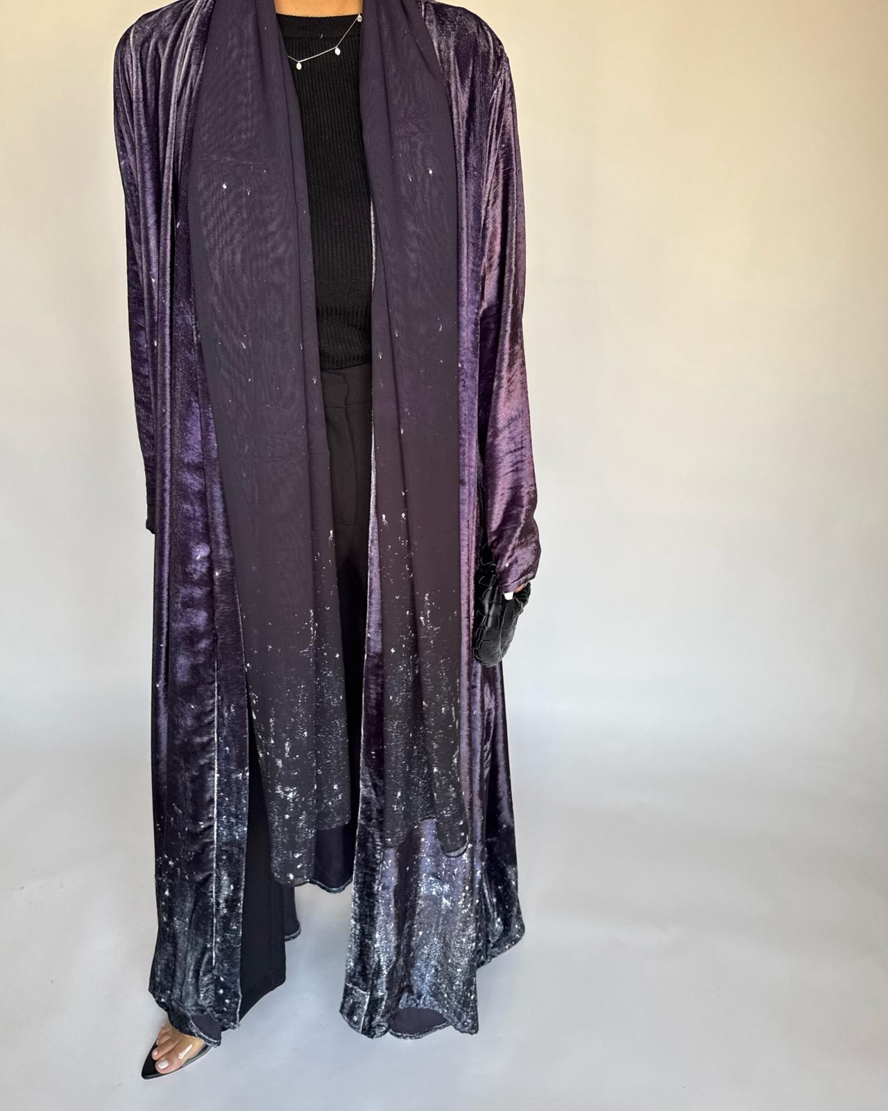A496 - Galaxy Purple to Black Velvet Abaya & Matching Head Scarf