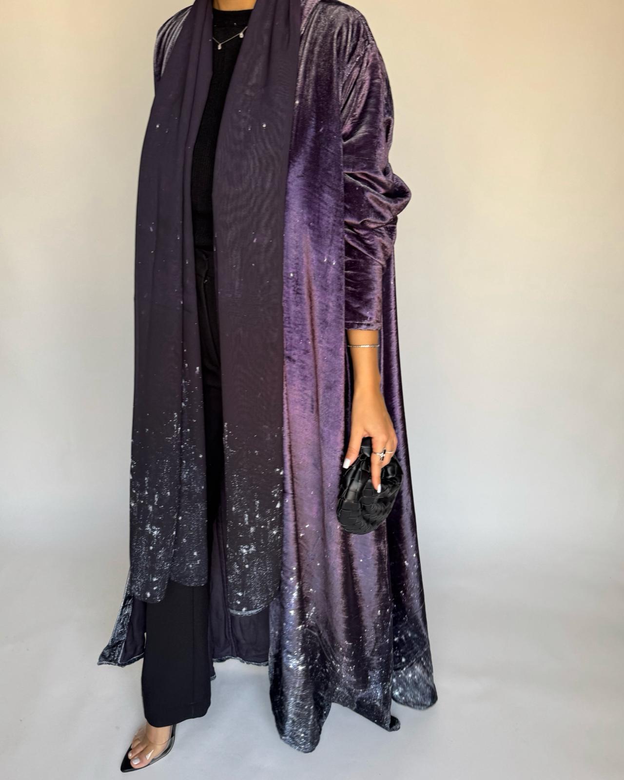 A496 - Galaxy Purple to Black Velvet Abaya & Matching Head Scarf