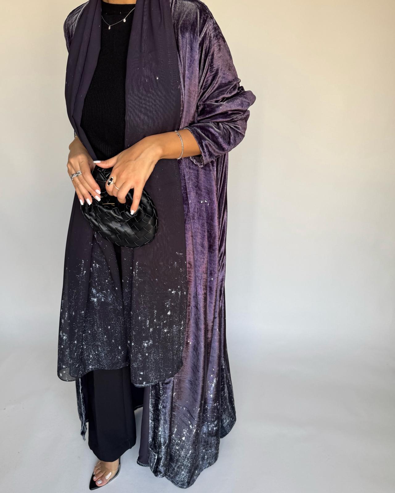 A496 - Galaxy Purple to Black Velvet Abaya & Matching Head Scarf