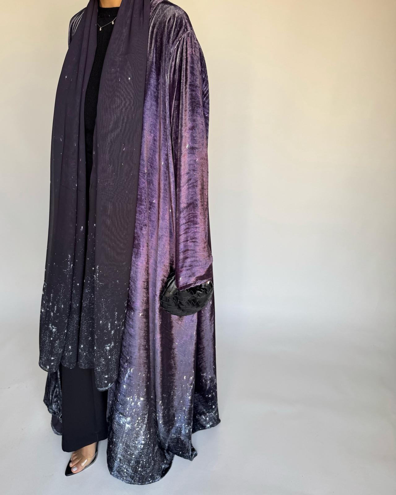 A496 - Galaxy Purple to Black Velvet Abaya & Matching Head Scarf