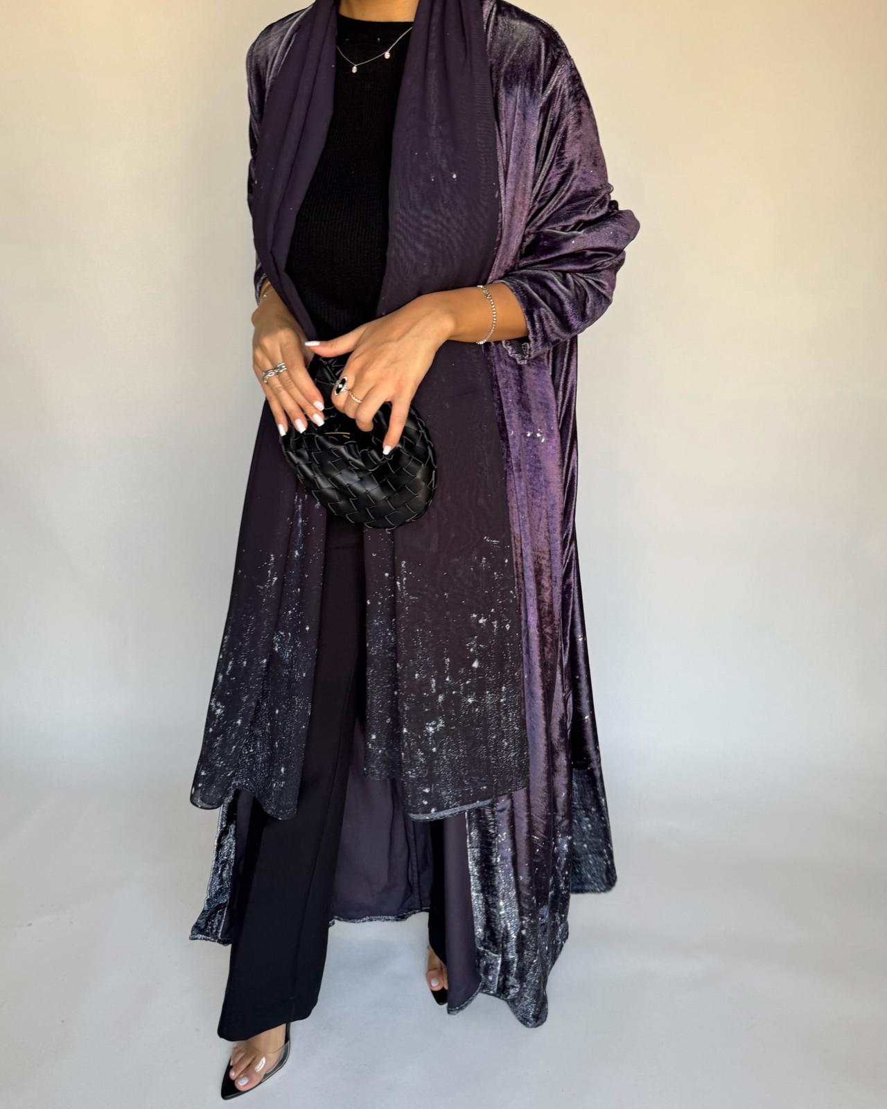 A496 - Galaxy Purple to Black Velvet Abaya & Matching Head Scarf
