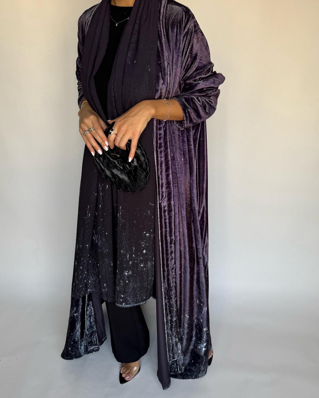A496 - Galaxy Purple to Black Velvet Abaya & Matching Head Scarf