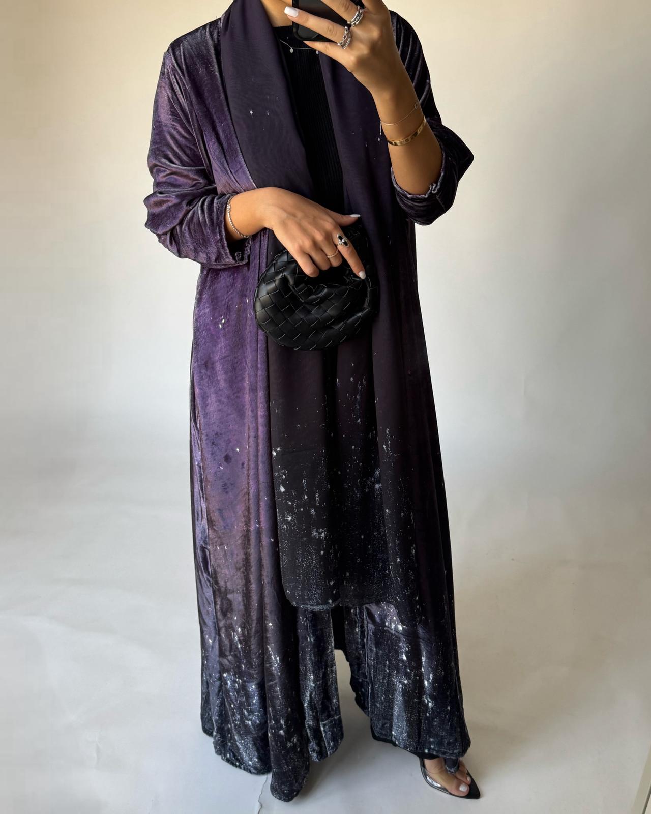 A496 - Galaxy Purple to Black Velvet Abaya & Matching Head Scarf