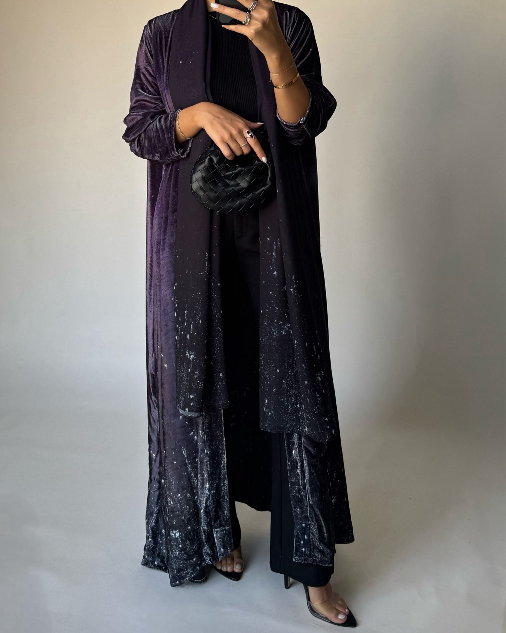 A496 - Galaxy Purple to Black Velvet Abaya & Matching Head Scarf