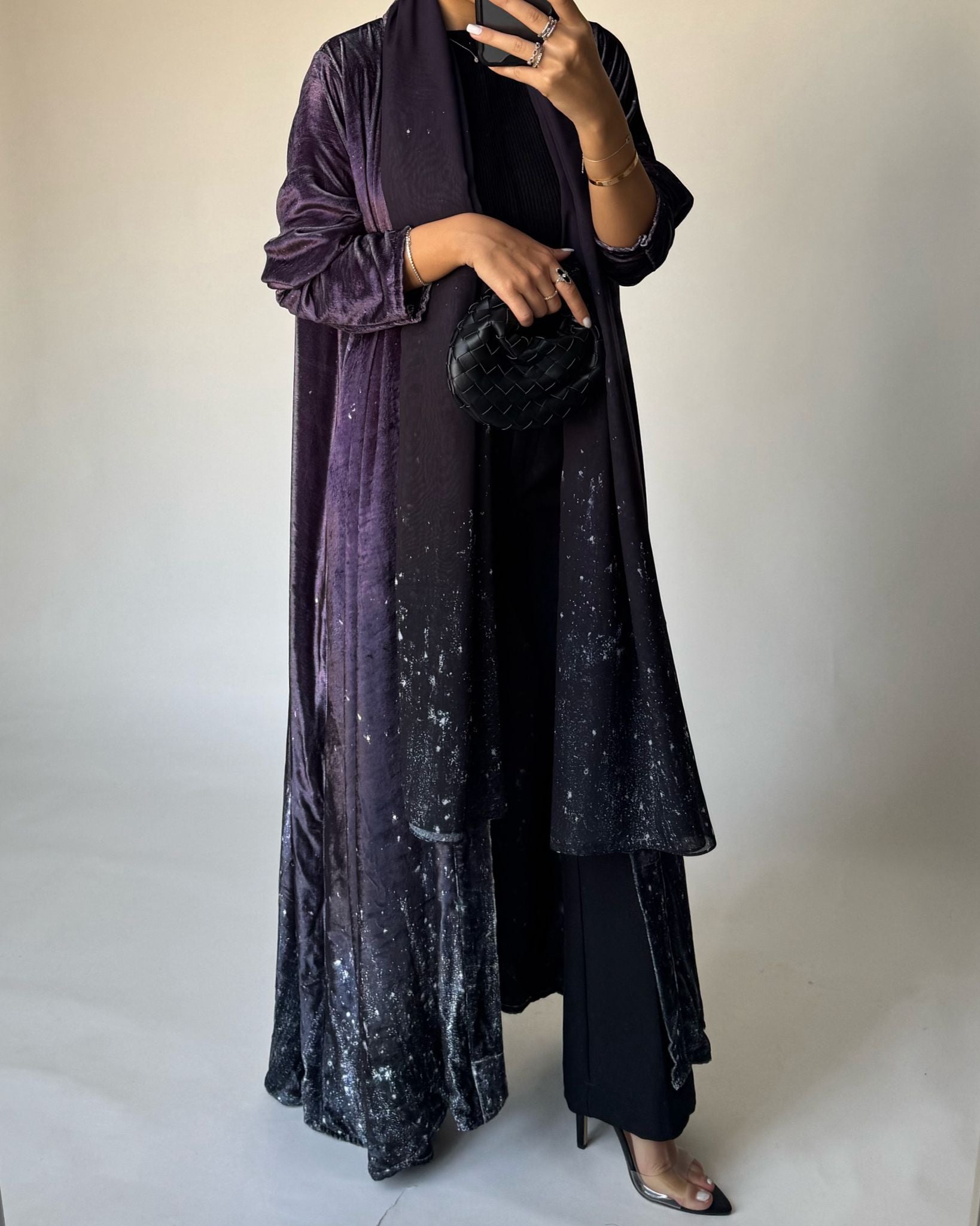 A496 - Galaxy Purple to Black Velvet Abaya & Matching Head Scarf