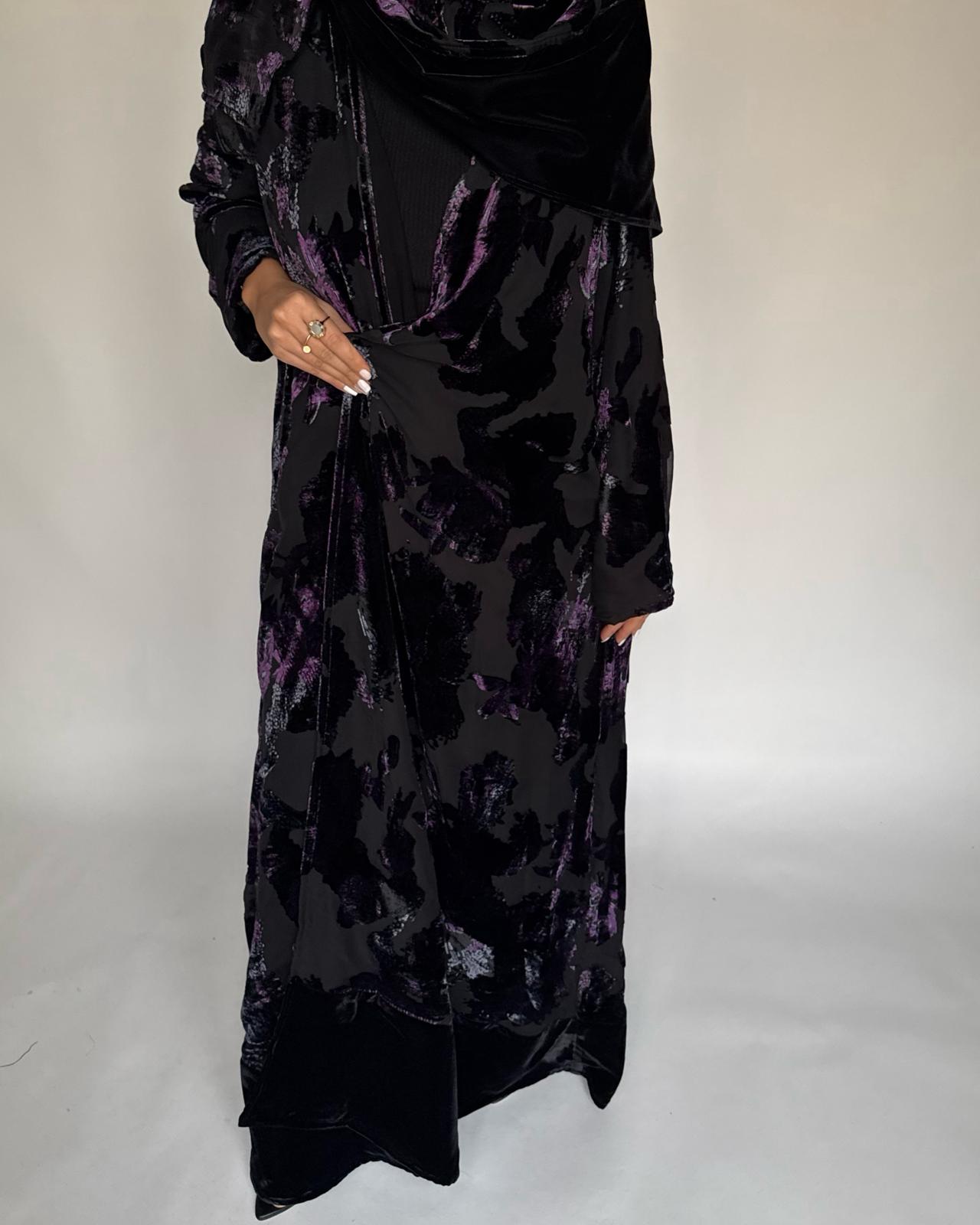 A501 - Black/ Purple Velvet Pattern Abaya & Matching Head Scarf