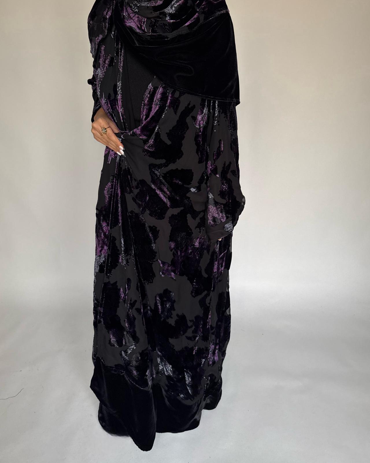 A501 - Black/ Purple Velvet Pattern Abaya & Matching Head Scarf