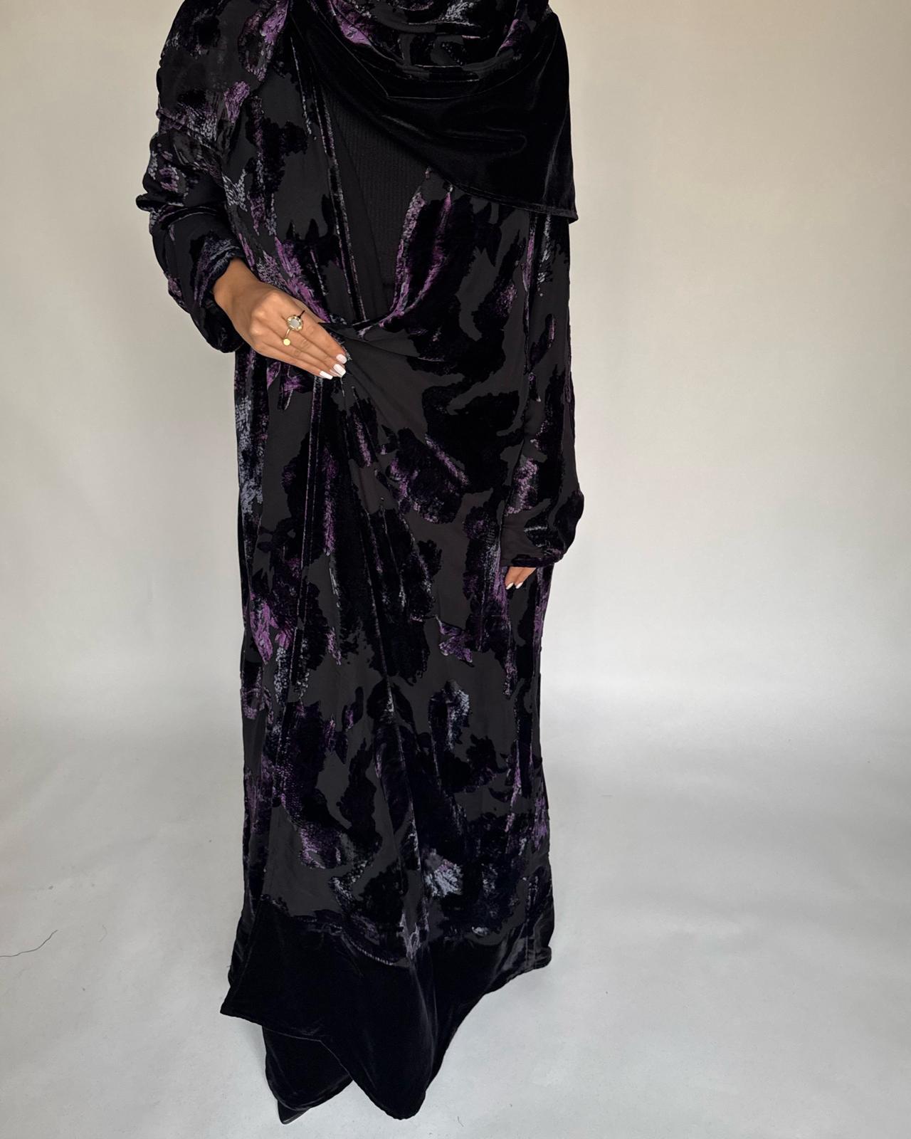 A501 - Black/ Purple Velvet Pattern Abaya & Matching Head Scarf
