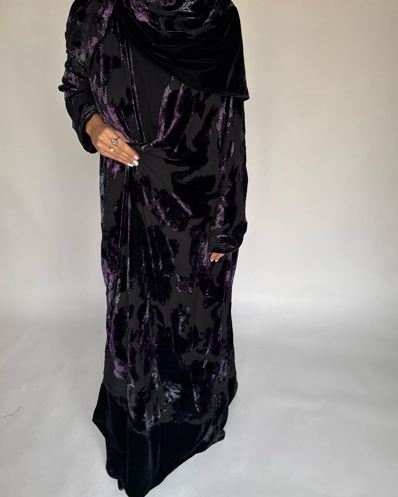 A501 - Black/ Purple Velvet Pattern Abaya & Matching Head Scarf