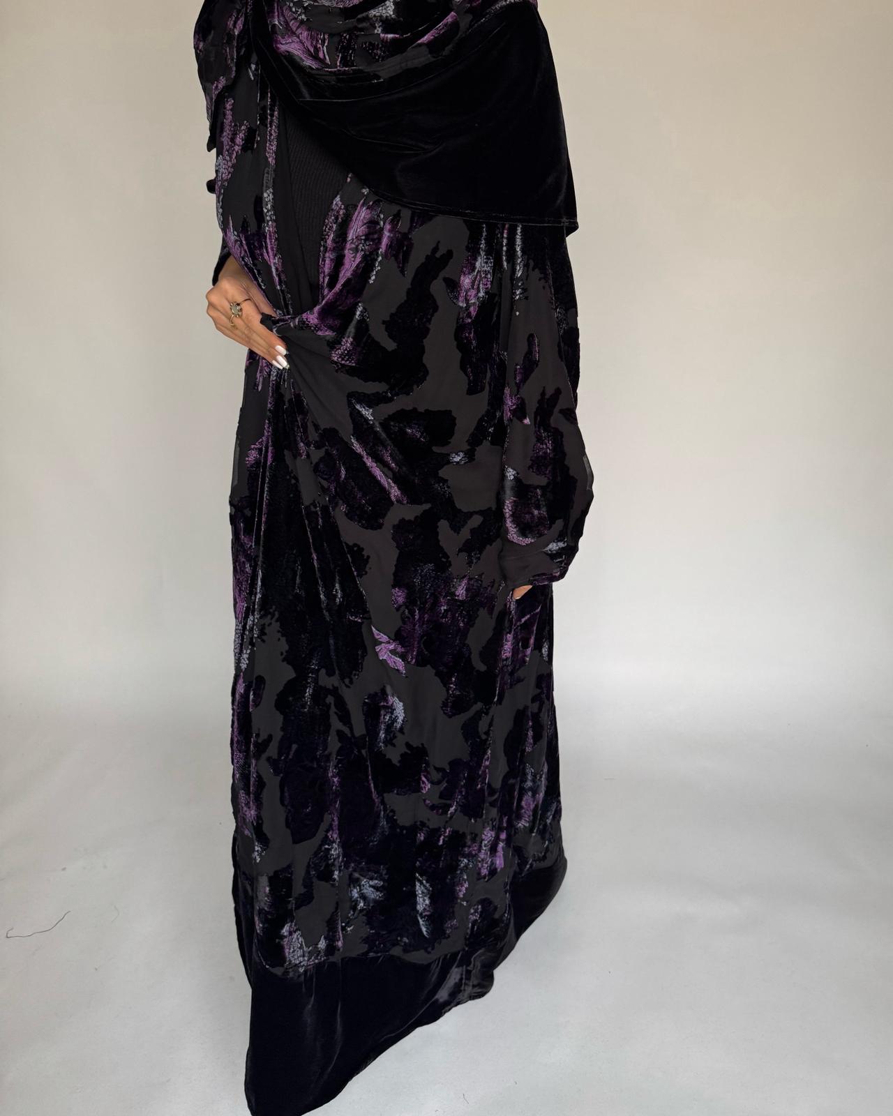 A501 - Black/ Purple Velvet Pattern Abaya & Matching Head Scarf