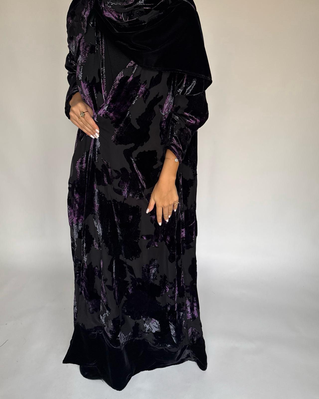 A501 - Black/ Purple Velvet Pattern Abaya & Matching Head Scarf