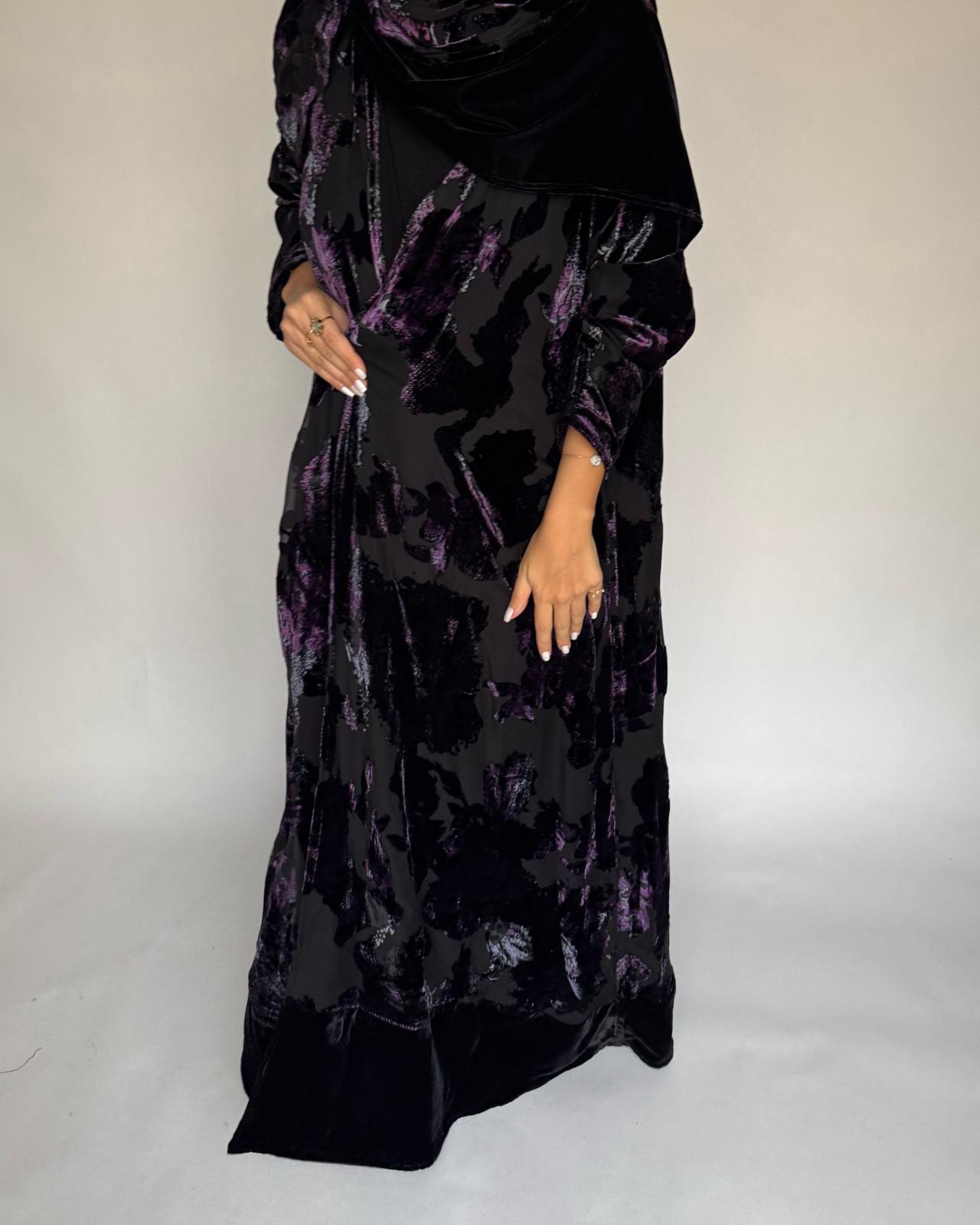 A501 - Black/ Purple Velvet Pattern Abaya & Matching Head Scarf