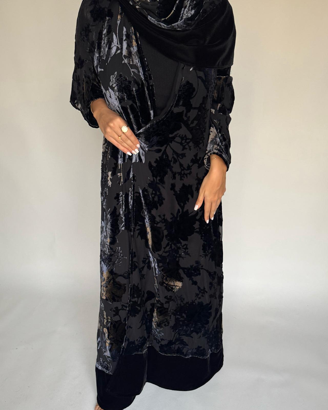 A498 - Black/ Blue Velvet Pattern Abaya & Matching Head Scarf