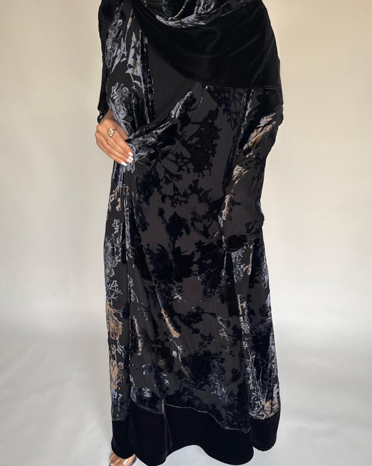 A498 - Black/ Blue Velvet Pattern Abaya & Matching Head Scarf