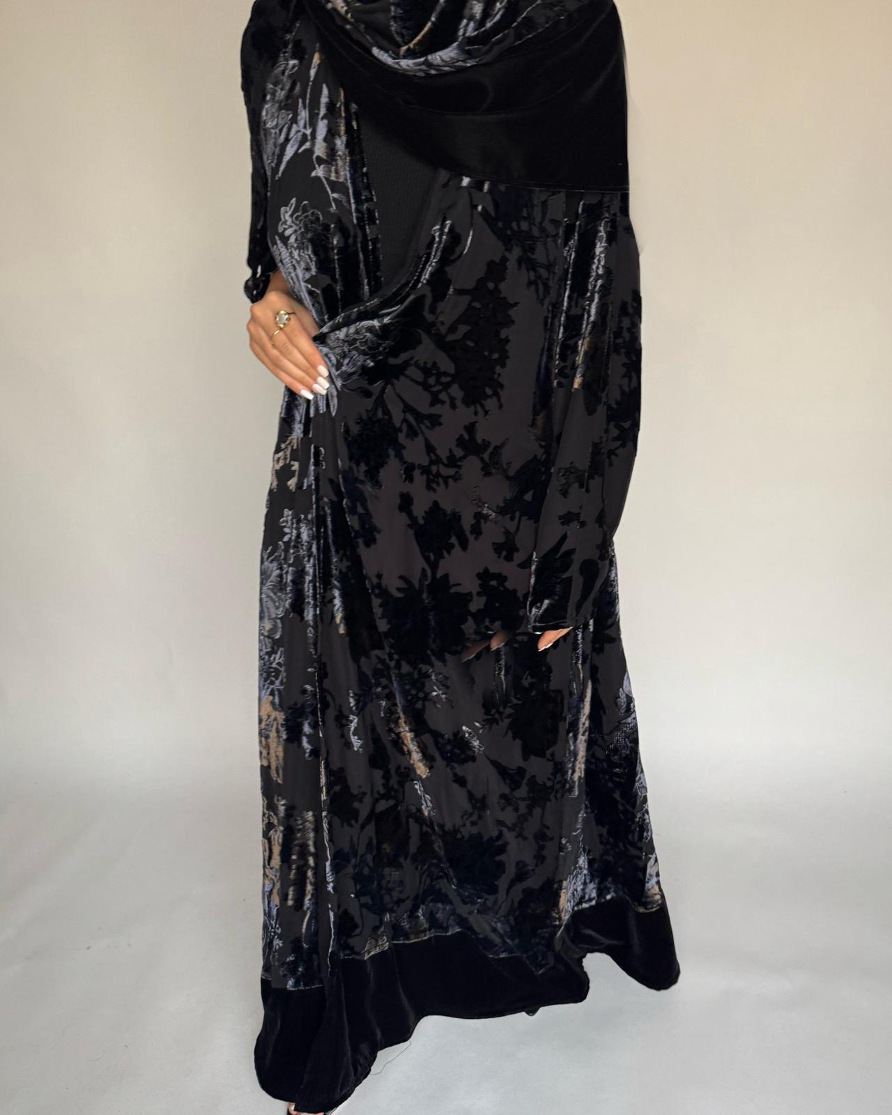 A498 - Black/ Blue Velvet Pattern Abaya & Matching Head Scarf
