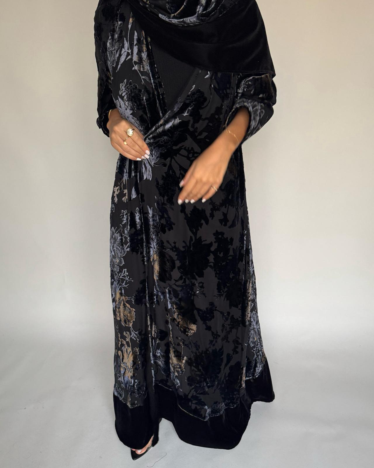 A498 - Black/ Blue Velvet Pattern Abaya & Matching Head Scarf
