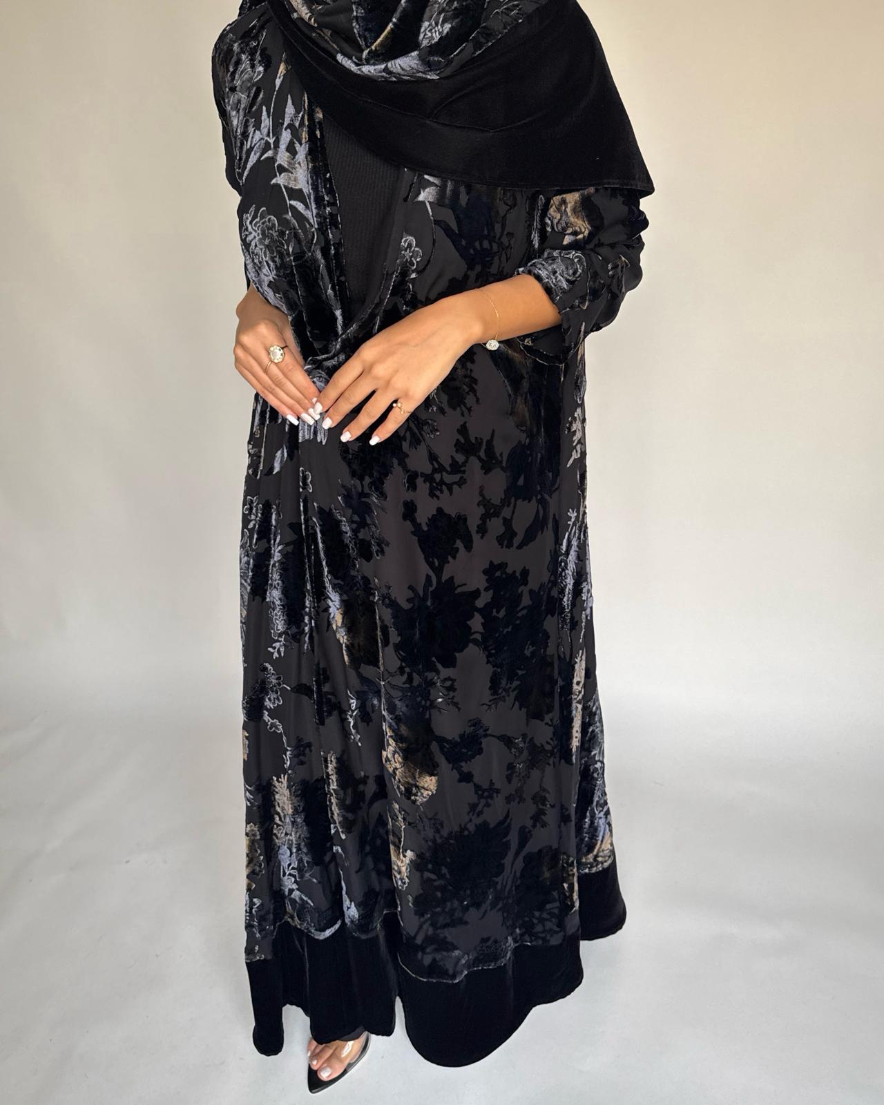 A498 - Black/ Blue Velvet Pattern Abaya & Matching Head Scarf