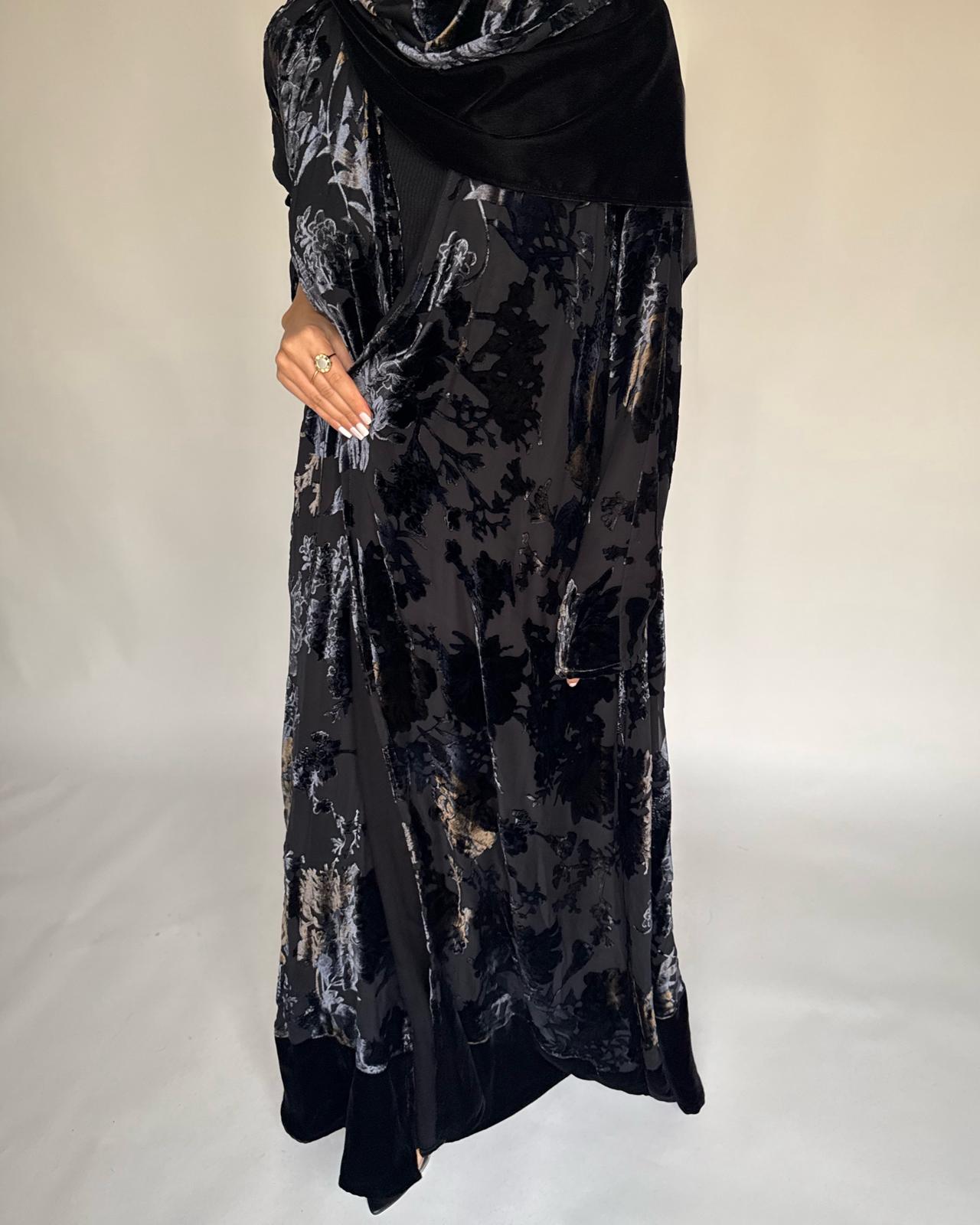 A498 - Black/ Blue Velvet Pattern Abaya & Matching Head Scarf