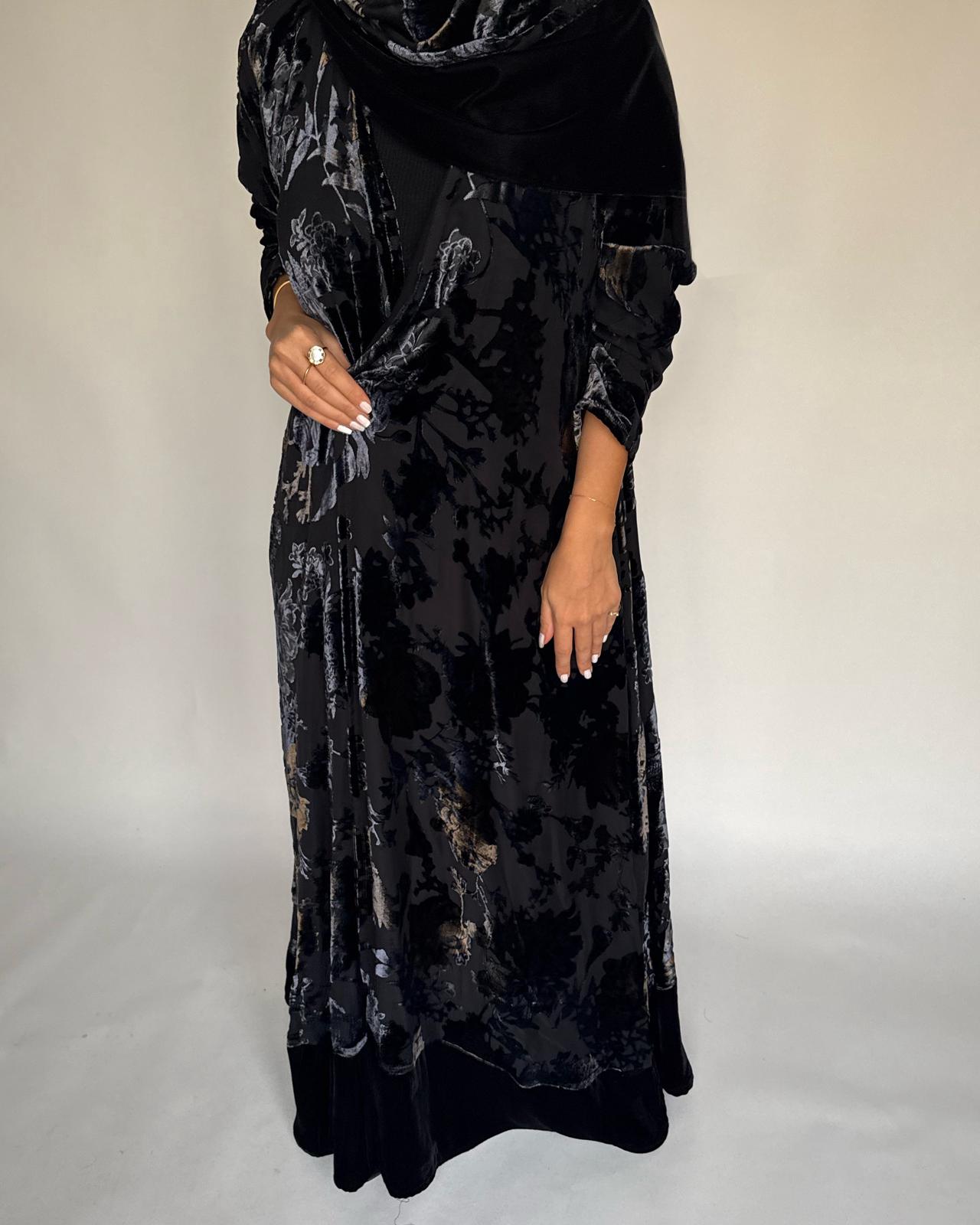 A498 - Black/ Blue Velvet Pattern Abaya & Matching Head Scarf