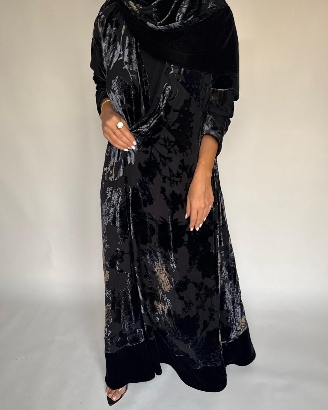 A498 - Black/ Blue Velvet Pattern Abaya & Matching Head Scarf