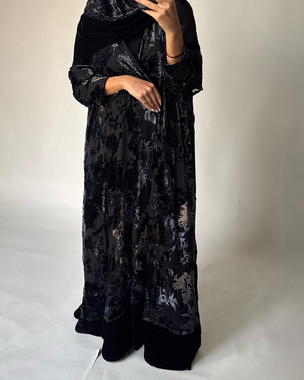 A498 - Black/ Blue Velvet Pattern Abaya & Matching Head Scarf