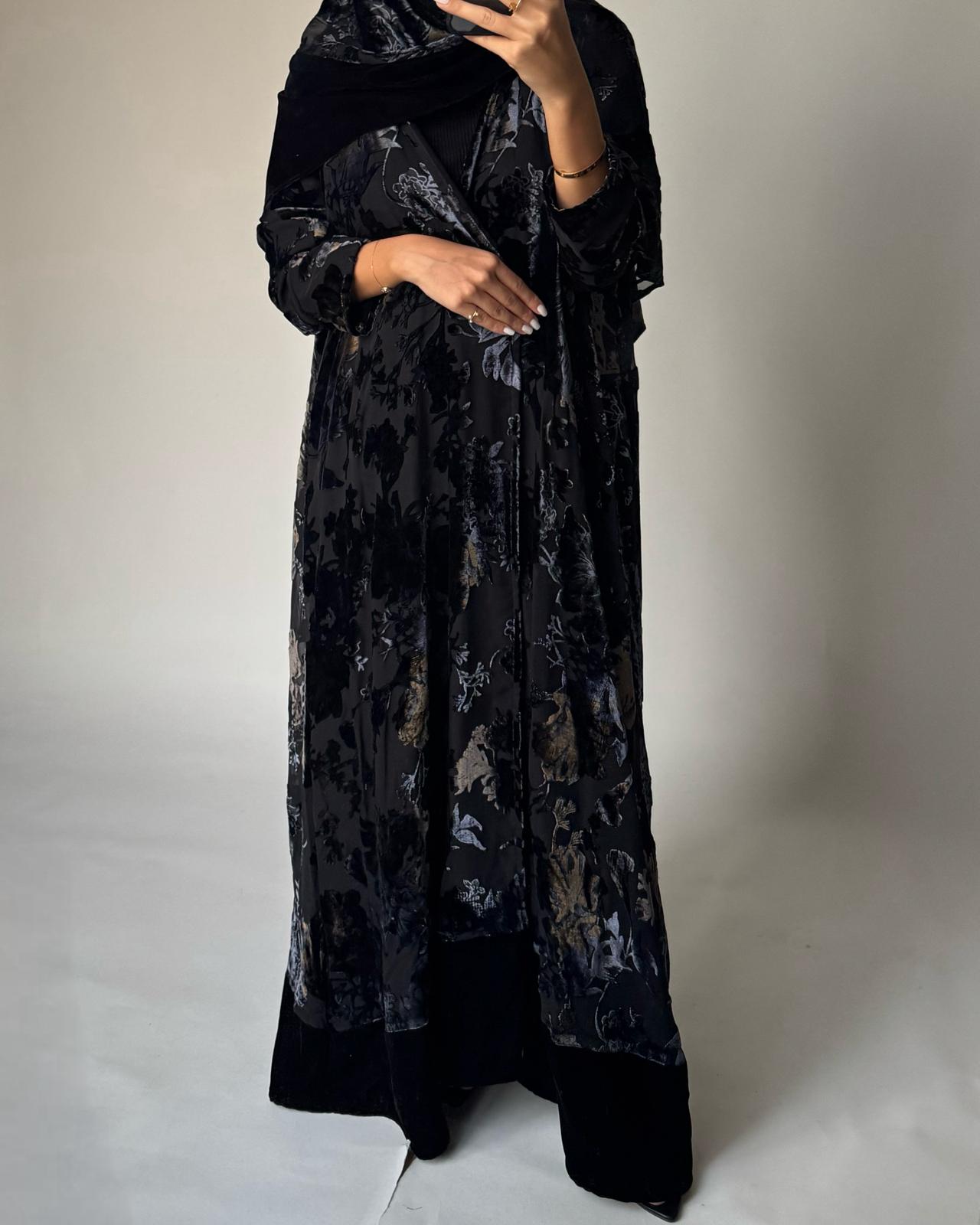 A498 - Black/ Blue Velvet Pattern Abaya & Matching Head Scarf