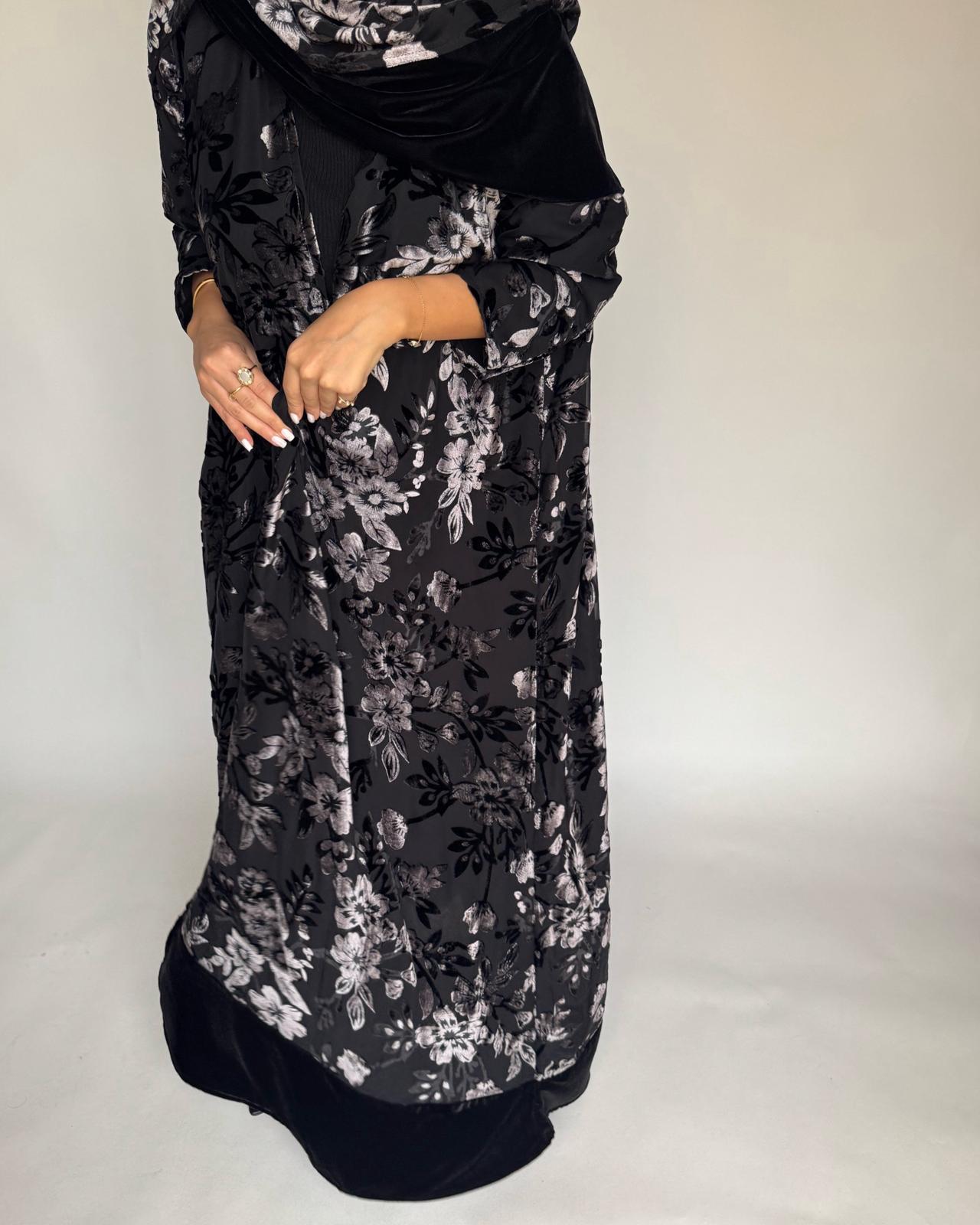 A499 - Black/ Gray Velvet Pattern Abaya & Matching Head Scarf