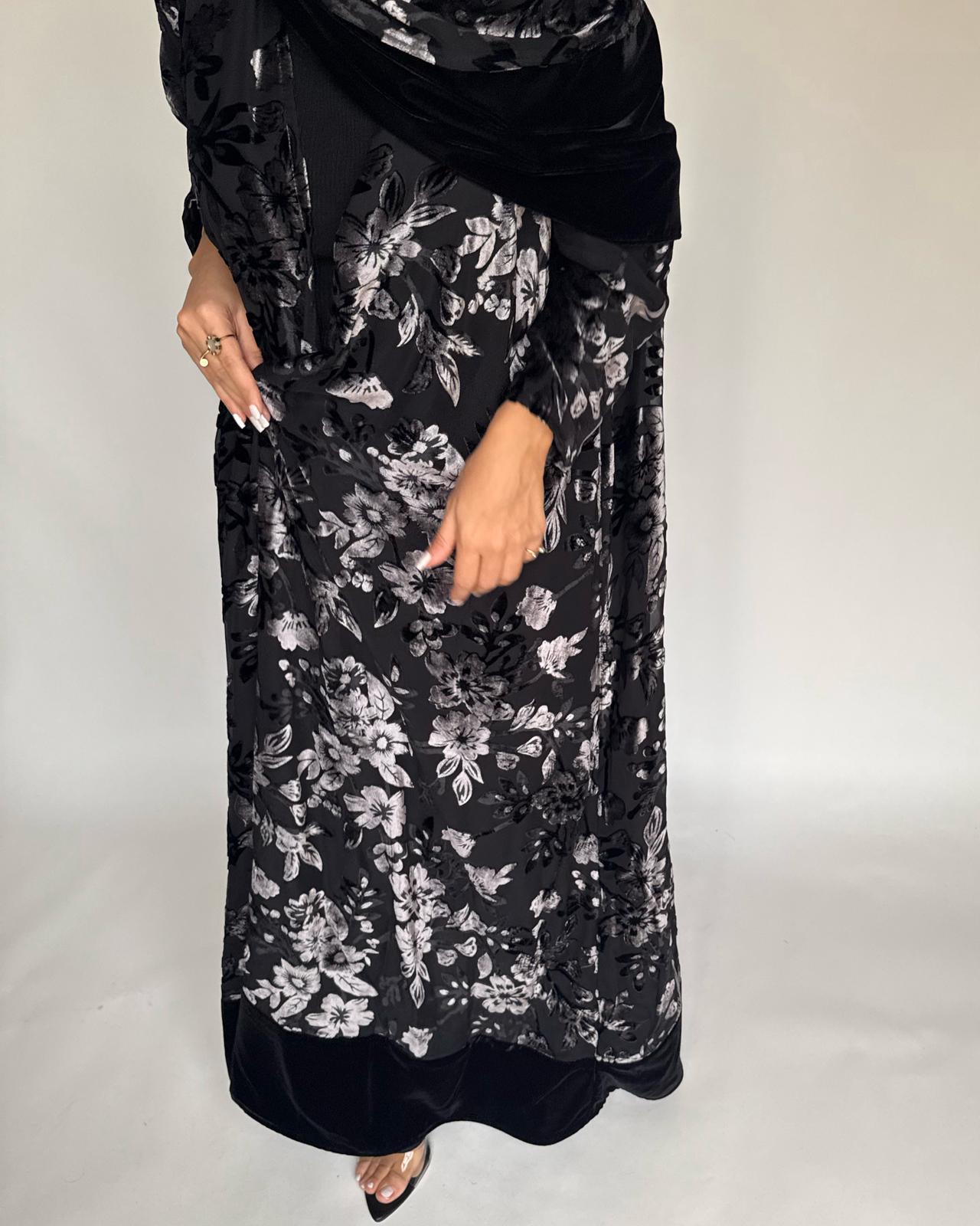 A499 - Black/ Gray Velvet Pattern Abaya & Matching Head Scarf