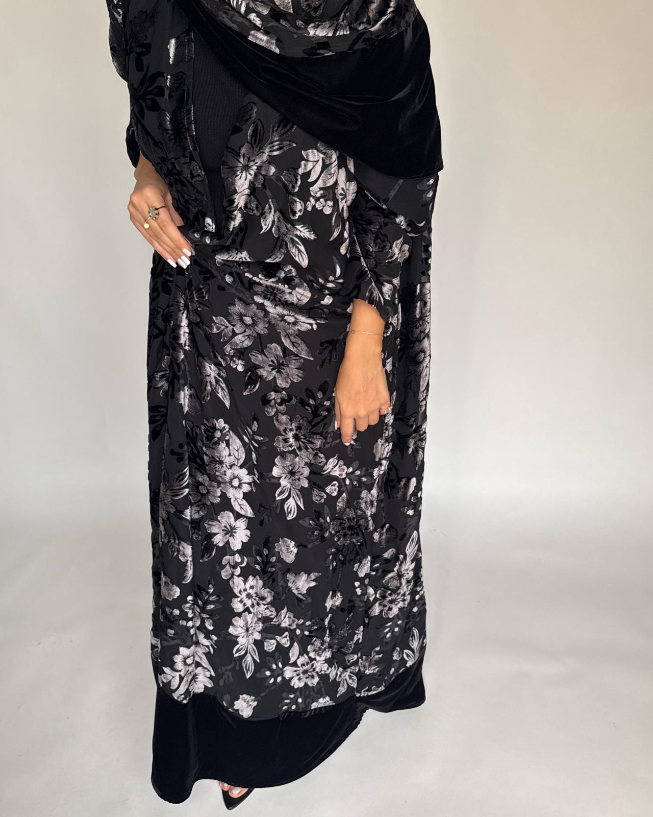A499 - Black/ Gray Velvet Pattern Abaya & Matching Head Scarf