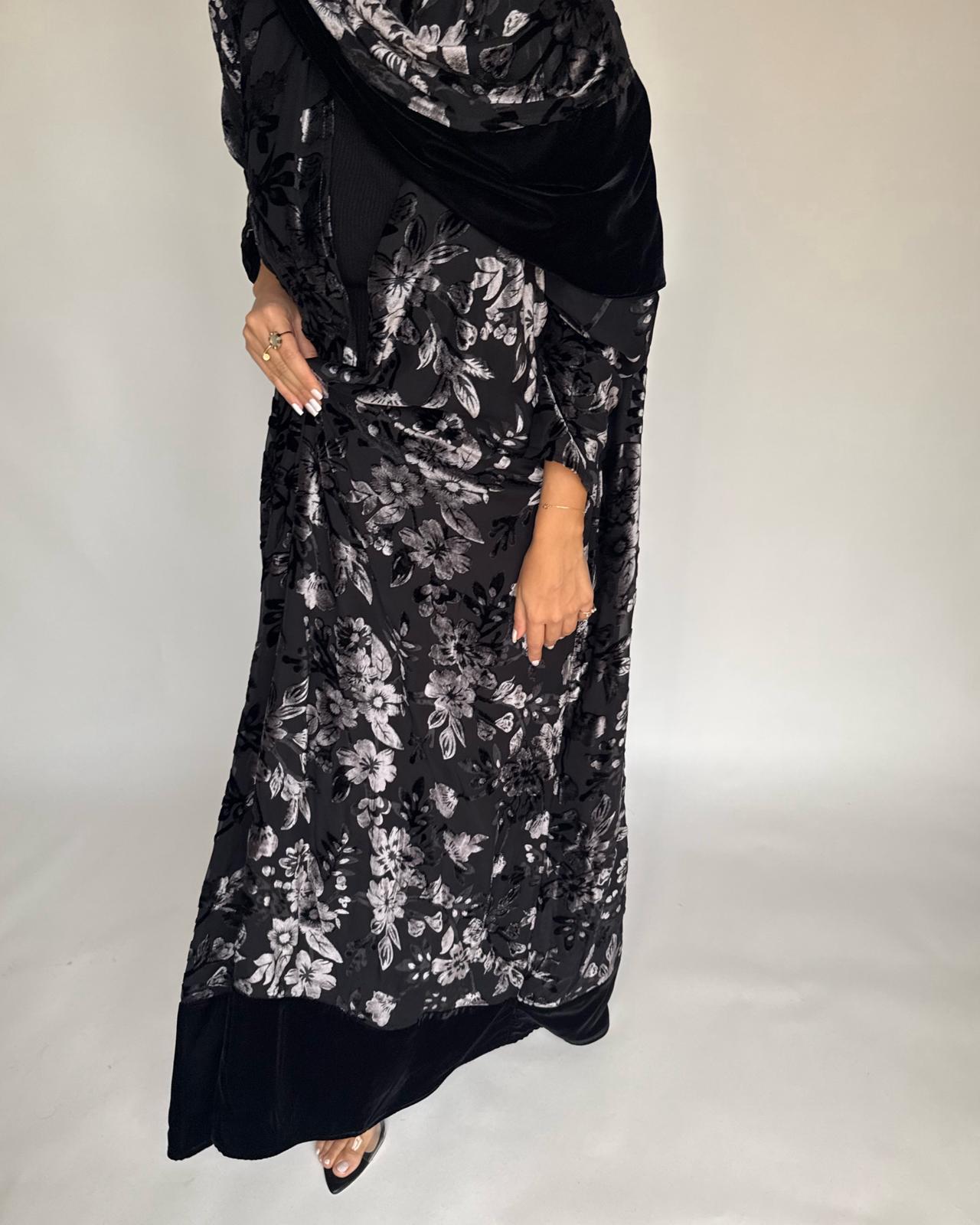 A499 - Black/ Gray Velvet Pattern Abaya & Matching Head Scarf