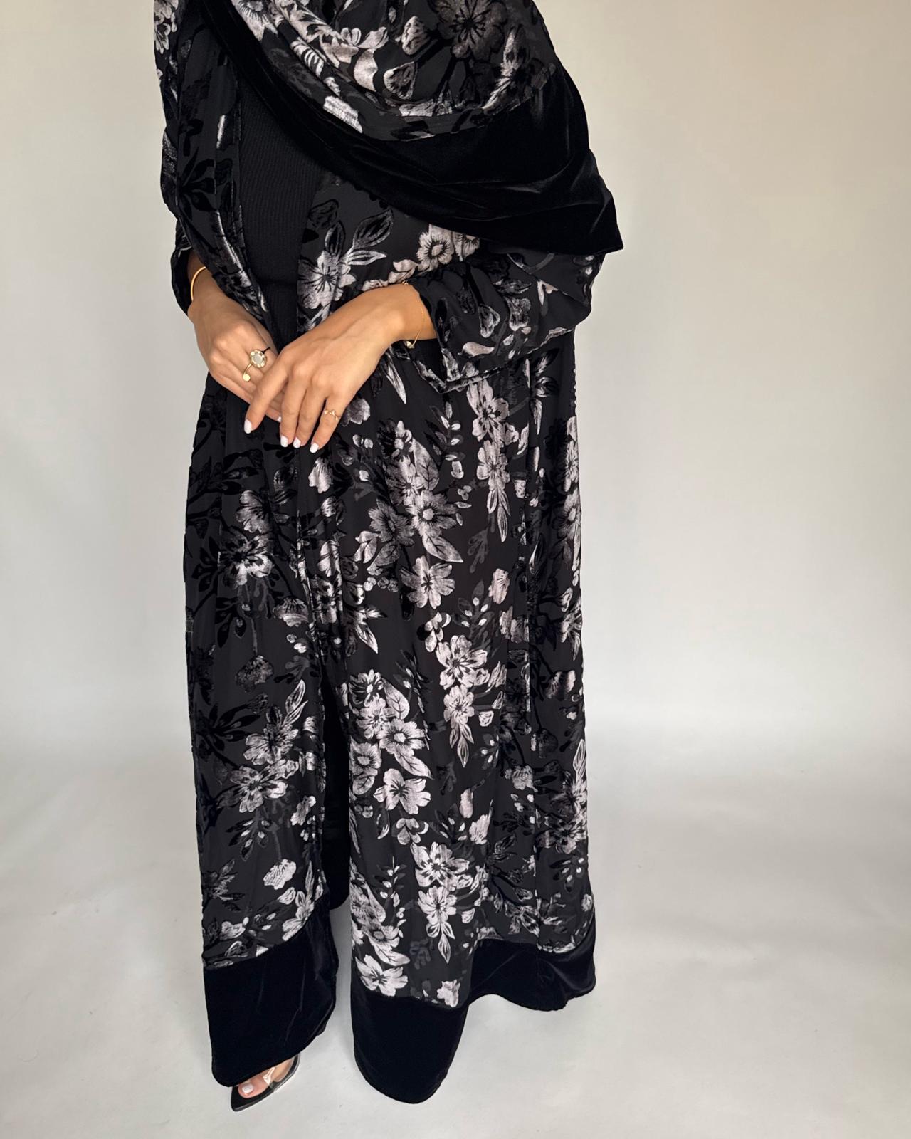 A499 - Black/ Gray Velvet Pattern Abaya & Matching Head Scarf