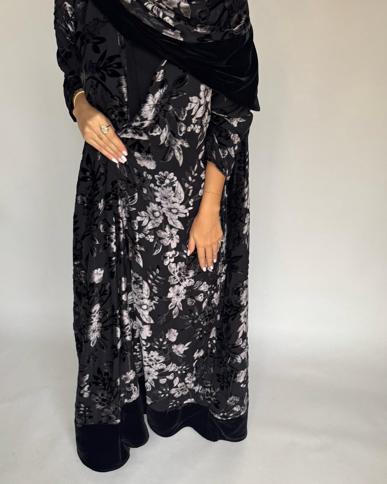 A499 - Black/ Gray Velvet Pattern Abaya & Matching Head Scarf