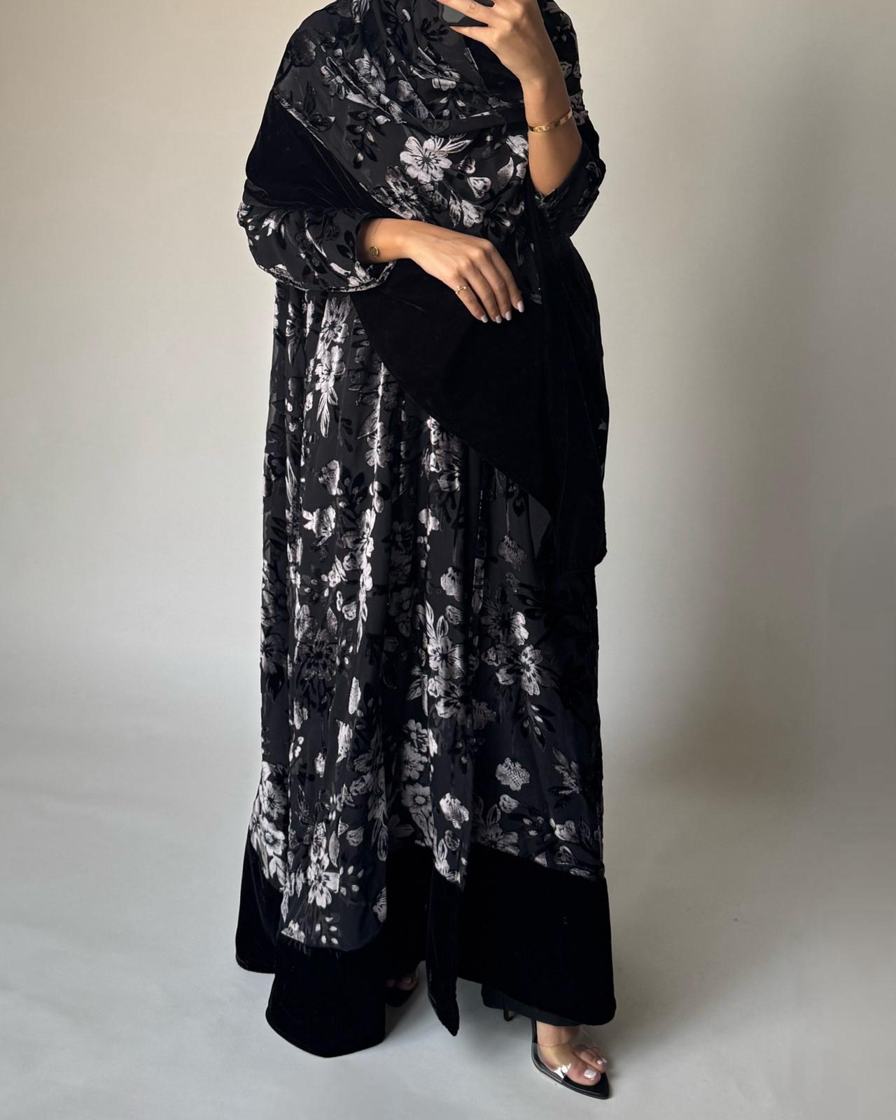 A499 - Black/ Gray Velvet Pattern Abaya & Matching Head Scarf
