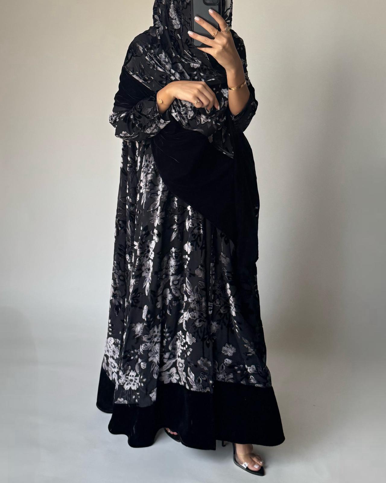 A499 - Black/ Gray Velvet Pattern Abaya & Matching Head Scarf