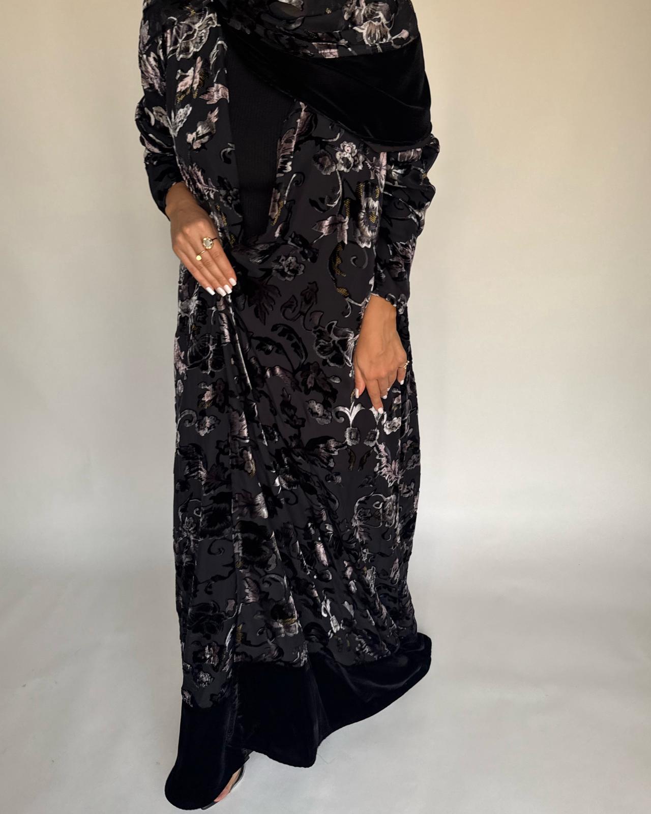 A500 - Black/ Beige Velvet Pattern Abaya & Matching Head Scarf