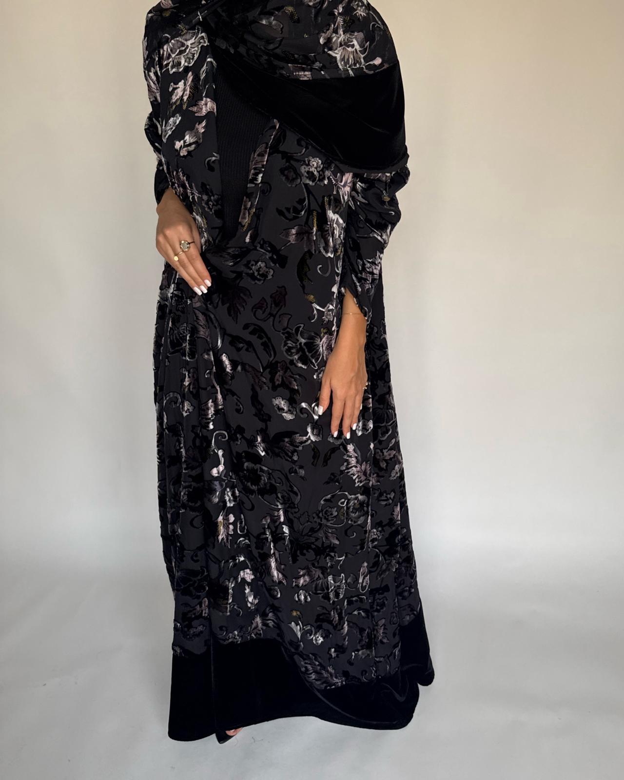 A500 - Black/ Beige Velvet Pattern Abaya & Matching Head Scarf