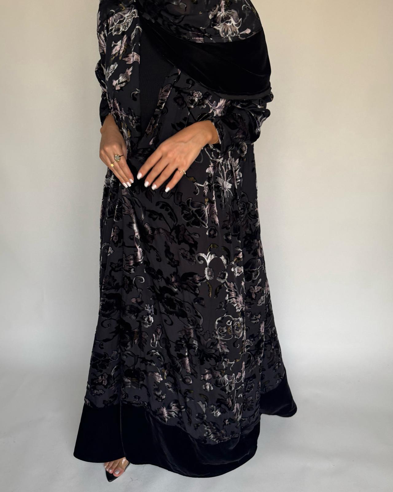 A500 - Black/ Beige Velvet Pattern Abaya & Matching Head Scarf