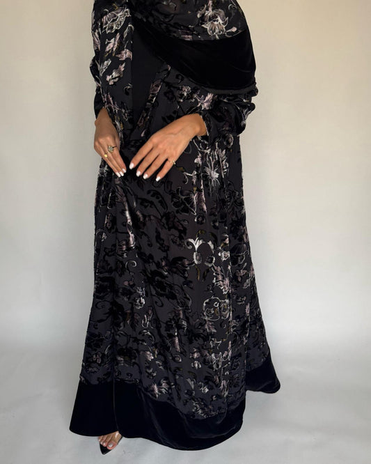 A500 - Black/ Beige Velvet Pattern Abaya & Matching Head Scarf