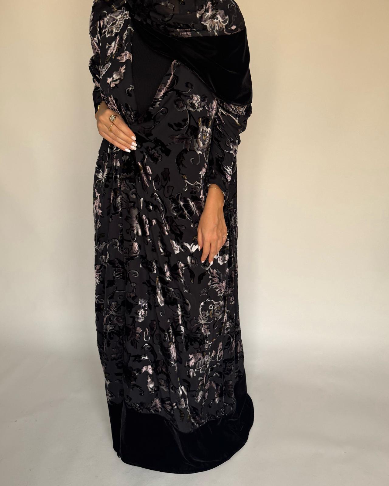 A500 - Black/ Beige Velvet Pattern Abaya & Matching Head Scarf