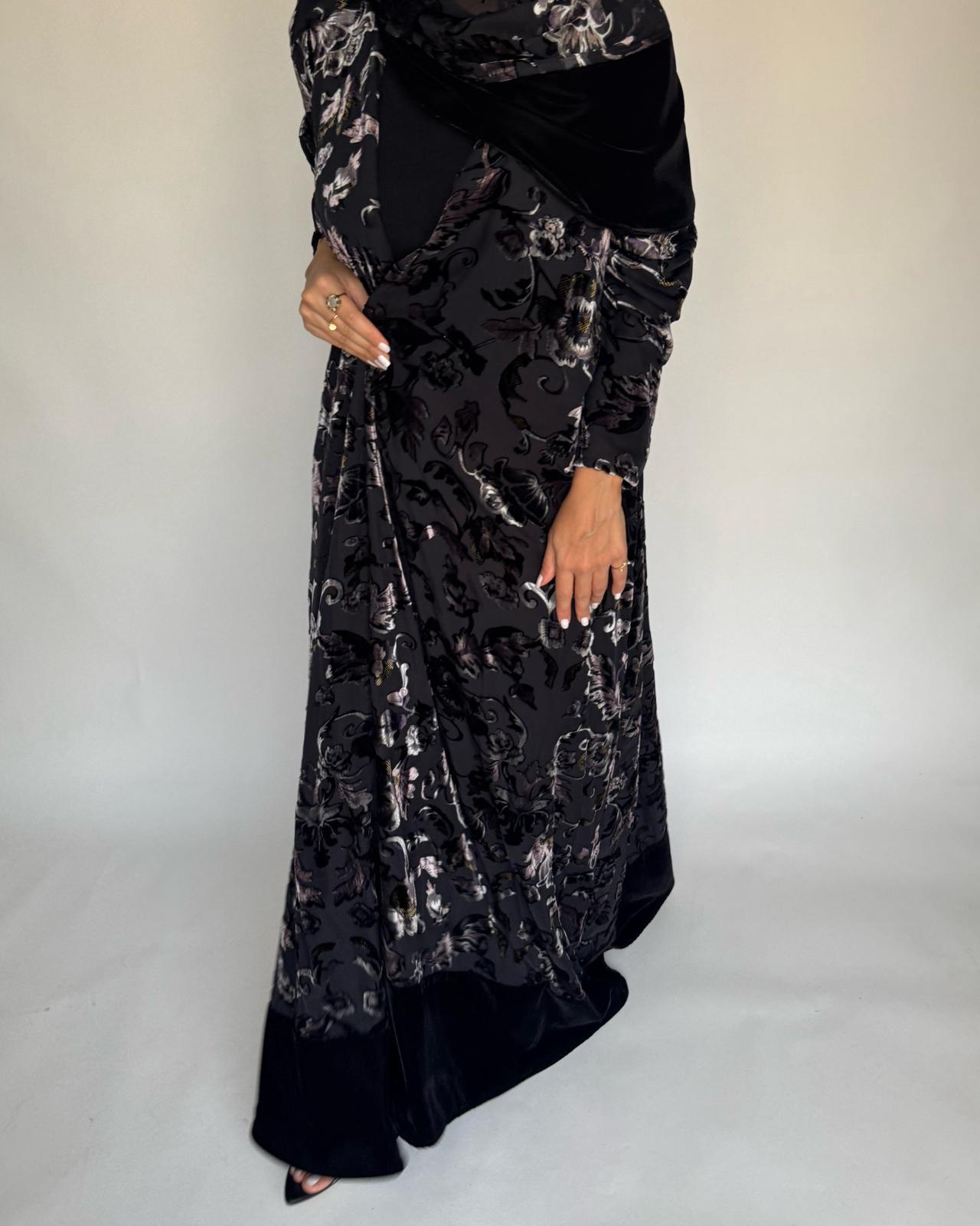 A500 - Black/ Beige Velvet Pattern Abaya & Matching Head Scarf